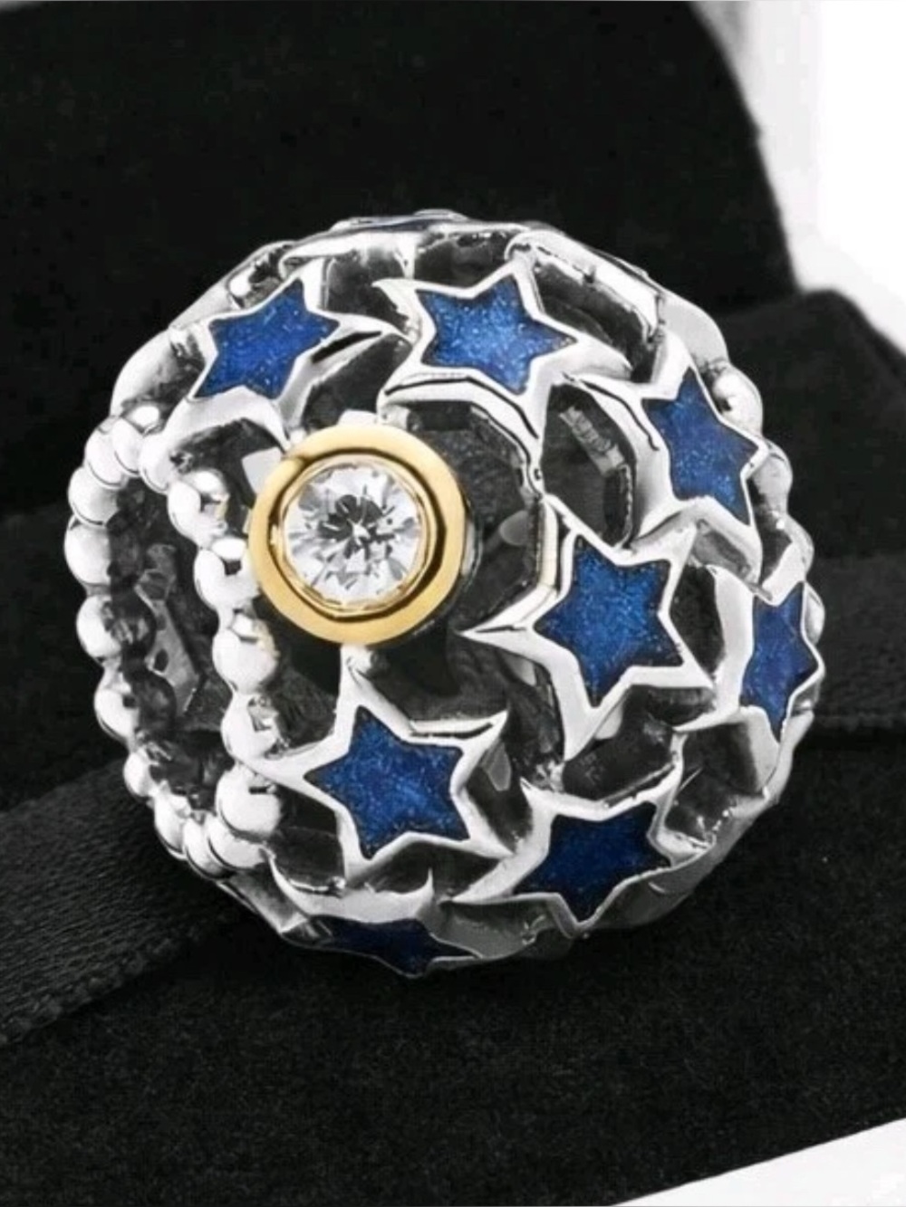 PANDORA “Night Sky” Charm Bead - Silver/Blue Enamel Stars/14K Gold/CZ Stones